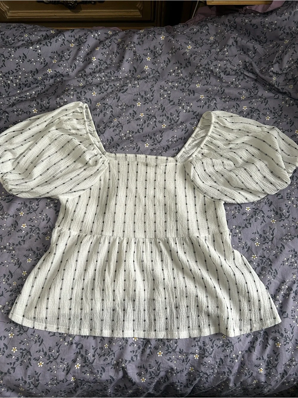 Madewell White Stripe Puff Sleeve Smocked Top